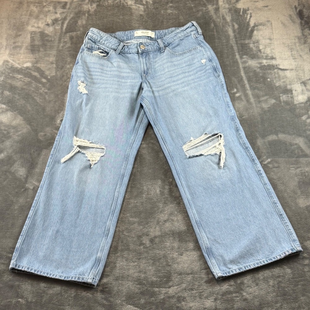 Hollister Low-Rise Baggy Distressed Jeans Light Wash W31 12S Wide Leg Denim